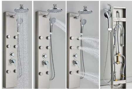 Panel de dus din otel inoxidabil, Argintiu-Nichelat, functie ploaie, cascada si hidromasaj, AquaSpa [1]