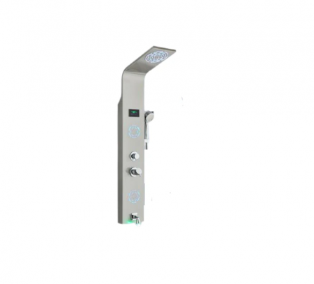 Coloane de dus - Panel de Dus Multifunctional cu LED, afisaj digital, Gri, jeturi SPA, baterie cu efect de ploaie, sistem de masaj, 5 functii de curgere a apei, Duze Rotunde, Curbat, AquaSpa