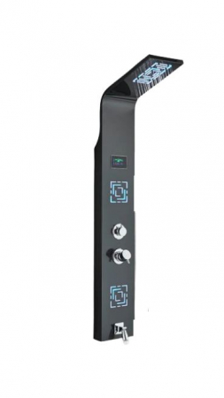 Coloane de dus - Panel de Dus Multifunctional cu LED, afisaj digital, Negru, jeturi SPA, baterie cu efect de ploaie, sistem de masaj, 5 functii de curgere a apei, Curbat, AquaSpa