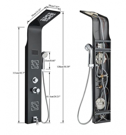 Panel de Dus Multifunctional cu LED, afisaj digital, Negru, jeturi SPA, baterie cu efect de ploaie, sistem de masaj, 5 functii de curgere a apei, Curbat, AquaSpa [2]