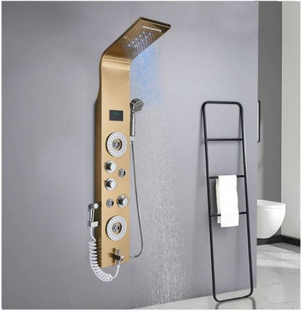 Panel de Dus Multifunctional cu LED, AquaSpa, Gold,Ecran de temperatura,efect de ploaie,sistem de masaj,jeturi SPA, Functie de Bideu, Duze Rotative [5]