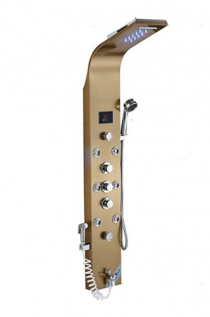 Coloane de dus - Panel de Dus Multifunctional cu LED, Gold, Ecran de temperatura, efect de ploaie, sistem de masaj, jeturi SPA, AquaSpa, Functie de Bideu