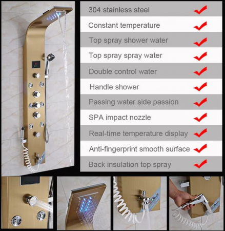Panel de Dus Multifunctional cu LED, Gold, Ecran de temperatura, efect de ploaie, sistem de masaj, jeturi SPA, AquaSpa, Functie de Bideu [4]