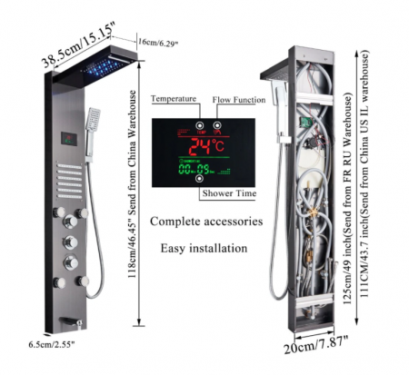 Panel de Dus Multifunctional cu LED,Gri (ecran de temperatura),efect de ploaie,sistem de masaj,jeturi SPA, AquaSpa [7]