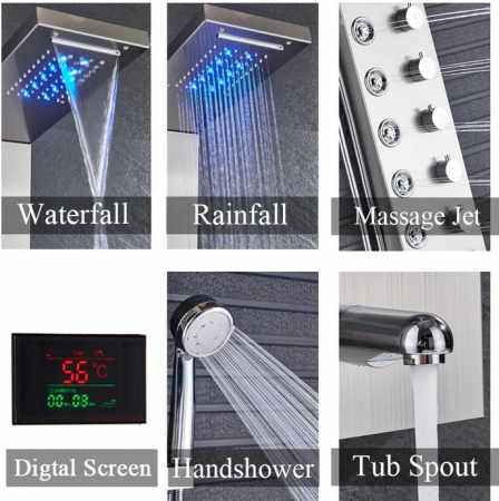 Panel de Dus Multifunctional cu LED, Negru(ecran de temperatura), Aqua Spa, efect de ploaie, sistem de masaj, jeturi SPA [4]