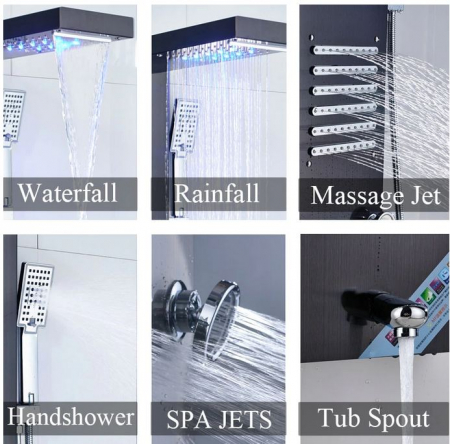 Panel de Dus Multifunctional cu LED, Negru, efect de ploaie, sistem de masaj, jeturi SPA [4]