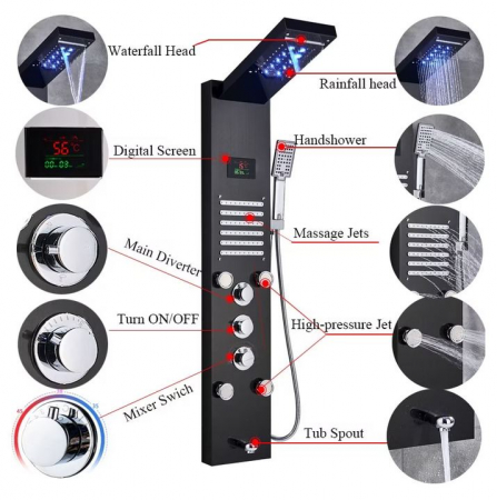 Panel de Dus Multifunctional cu LED, Negru, efect de ploaie, sistem de masaj, jeturi SPA [5]