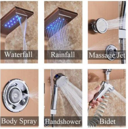 Panel de Dus Multifunctional cu LED, RoseGold, Ecran de temperatura, efect de ploaie, sistem de masaj, jeturi SPA, AquaSpa, Functie de Bideu [3]