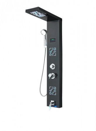 Coloane de dus - Panou de Dus Multifunctional cu LED, afisaj digital, Negru, jeturi SPA, baterie cu efect de ploaie, sistem de masaj, 5 functii de curgere a apei, Duze Patrate, 114cm lungime, AquaSpa