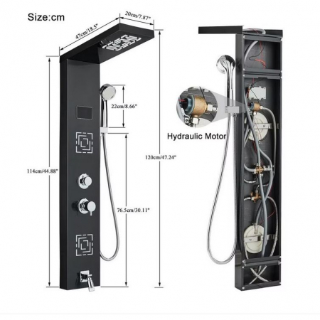 Panou de Dus Multifunctional cu LED, afisaj digital, Negru, jeturi SPA, baterie cu efect de ploaie, sistem de masaj, 5 functii de curgere a apei, Duze Patrate, 114cm lungime, AquaSpa [1]
