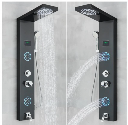 Panou de Dus Multifunctional cu LED, afisaj digital, Negru, jeturi SPA, baterie cu efect de ploaie, sistem de masaj, 5 functii de curgere a apei, Duze Rotunde, 114cm lungime, AquaSpa [1]