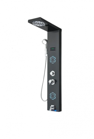 Coloane de dus - Panou de Dus Multifunctional cu LED, afisaj digital, Negru, jeturi SPA, baterie cu efect de ploaie, sistem de masaj, 5 functii de curgere a apei, Duze Rotunde, 114cm lungime, AquaSpa