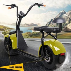 Scuter Electric Harley 1500W, pentru 2 persoane, Suspensie fata spate, cu baterie detasabila 20AH, Far led cu indicator baterie, Telecomanda, Alarma, Galben [1]