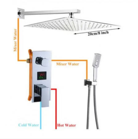 Set de dus Argintiu, AquaSpa, Robinet de dus cu efect de ploaie, 3 Functii, Palarie de dus 20 CM, Display Led A Temperaturii [2]