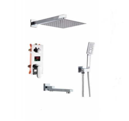 Coloane de dus - Set de dus Argintiu, AquaSpa, Robinet de dus cu efect de ploaie, 3 Functii, Palarie de dus 20 CM, Display Led A Temperaturii, Teava de dus pentru perete cu montaj sub tencuiala