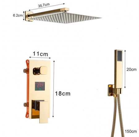 Set de dus Auriu, AquaSpa, Robinet de dus cu efect de ploaie, 2 Functii, Display Led a temperaturii, Palarie de dus 30 CM, AquaSpa [1]