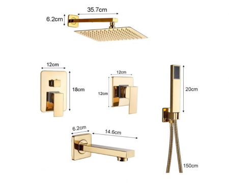 Set de dus Auriu, AquaSpa, Robinet de dus cu efect de ploaie, 2 Functii, Palarie de dus 40CM [3]