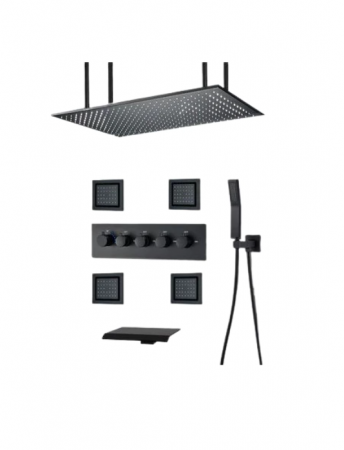 Coloane de dus - Set de dus cu termostat, negru, cu prindere in tavan si perete, 4 functii, 50x50 cm, Tip A