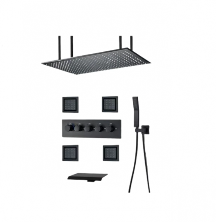 Coloane de dus - Set de dus cu termostat, negru, cu prindere in tavan si perete, 4 functii, 80x40 cm, Tip A