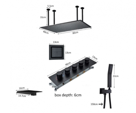 Set de dus cu termostat, negru, cu prindere in tavan si perete, 4 functii, 80x40 cm, Tip A [8]