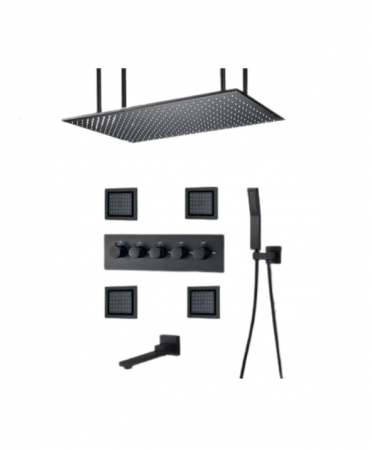 Coloane de dus - Set de dus cu termostat, negru, cu prindere in tavan si perete, 4 functii, 80x40 cm, Tip C