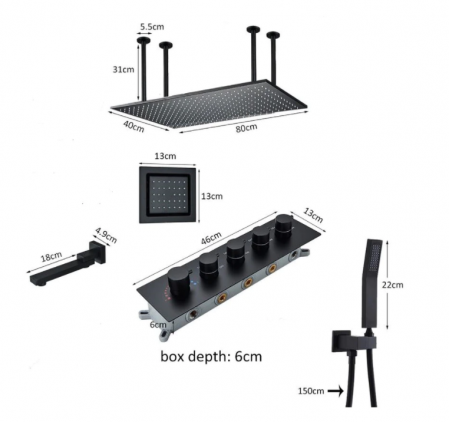 Set de dus cu termostat, negru, cu prindere in tavan si perete, 4 functii, 80x40 cm, Tip C [2]