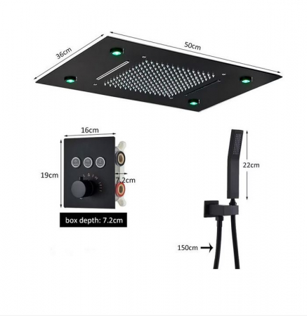 Set de dus incastrat, cu termostat, negru, palarie de 50 cm, cu lumini led si telecomanda, AquaSpa [1]