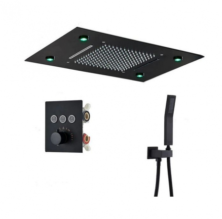 Coloane de dus - Set de dus incastrat, cu termostat, negru, palarie de 50 cm, cu lumini led si telecomanda, AquaSpa