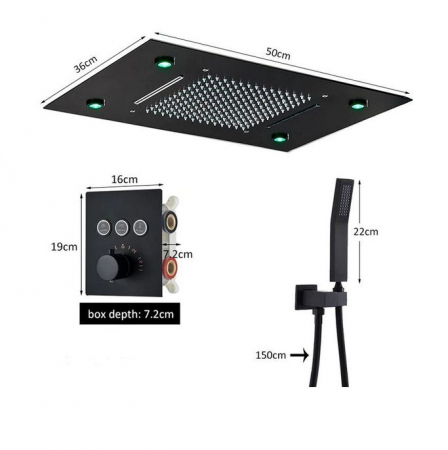 Set de dus incastrat, cu termostat, negru, palarie de 50 cm, cu lumini led si telecomanda, AquaSpa [1]