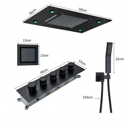 Set de dus multifunctional cu termostat, incorporat in tavan, cu led, telecomanda pentru schimbarea culorilor, 4 functii de curgere a apei, AquaSpa [1]