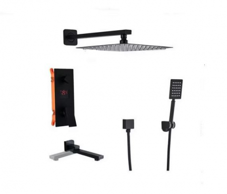 Coloane de dus - Set de dus Negru, AquaSpa, Display Led, Palarie de 20 CM, Teava de dus pentru perete cu montaj sub tencuiala mobila, AquaSpa