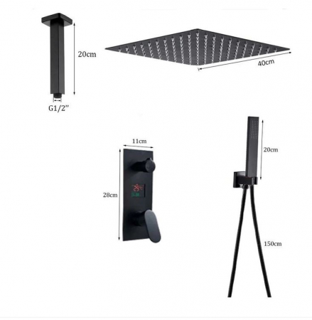 Set de dus Negru, AquaSpa, Display Led, Palarie de 40 cm, Incastrabil in tavan [2]