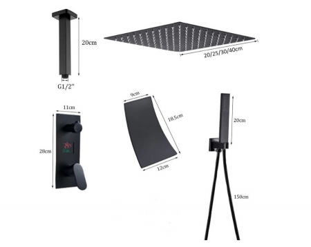 Set de dus Negru, Display Led, Palarie de 20 cm, Incastrabil in tavan, Teava de dus pentru perete stil cascada, AquaSpa [5]