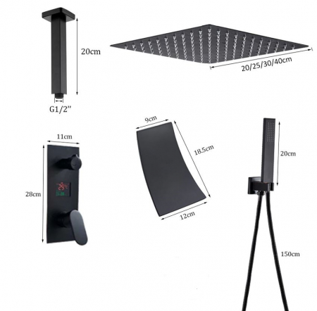 Set de dus Negru, Display Led, Palarie de 40 cm, Incastrabil in tavan, Teava de dus pentru perete stil cascada, AquaSpa [1]