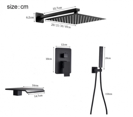 Set de dus Negru, palarie de 20 CM, functie cascada, AquaSpa [1]