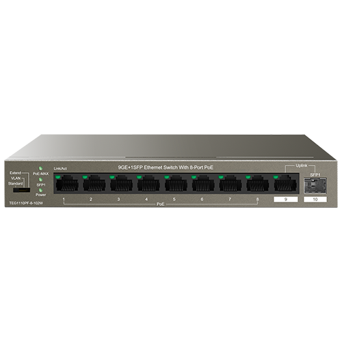 Switch 8 porturi Gigabit PoE, 1 port Uplink Gigabit, 1 port SFP Uplink Gigabit - Tenda TND-TEG1110PF-8-102W [1]