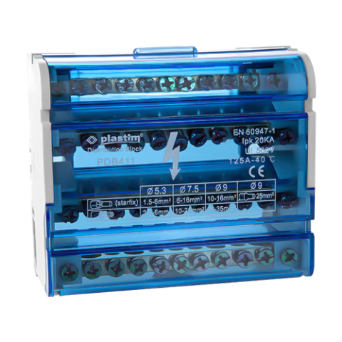 Organizatoare si accesorii - Bloc de distributie electrica, 4x11 poli, 125A - Plastim PDB411