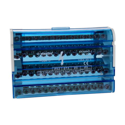 Organizatoare si accesorii - Bloc de distributie electrica, 4x15 poli, 125A - Plastim PDB415