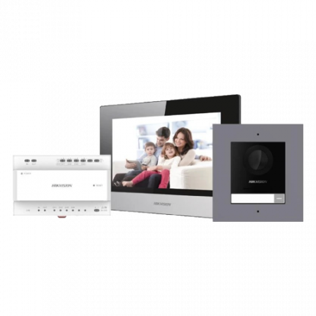 Kituri interfoane - KIT videointerfon 2 fire pentru 1 familie, monitor 7 inch, Alarma - HIKVISION DS-KIS702Y