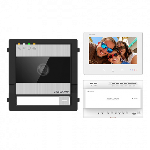 Kituri interfoane - KIT videointerfon 2 fire pentru 1 familie, monitor 7 inch, Alarma, IK08, Card 32GB - HIKVISION DS-KIS704EY-SS