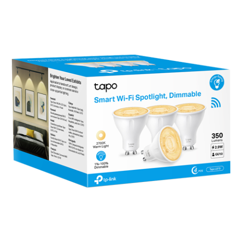 Set 4 becuri smart Wi-Fi, lumina calda 2700K ajustabila, 350 lm, GU10 - TP-Link Tapo TapoL610(4-pack) [1]