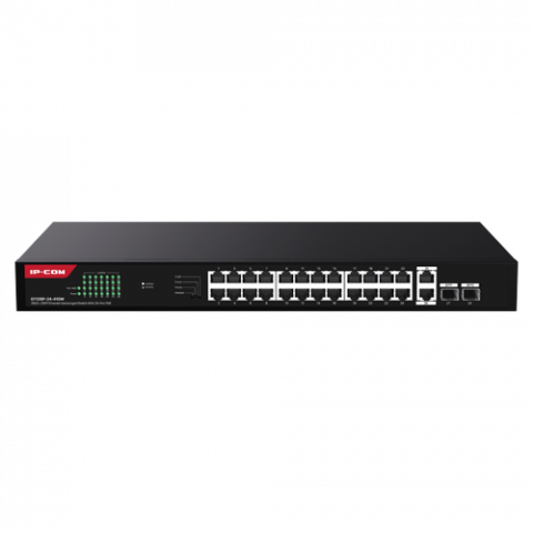 Retelistica - Switch 24 porturi Gigabit PoE, 2 x RJ45 Uplink Gigabit, 2 x SFP Gigabit, 1U - IP-COM G1128P-24-410W