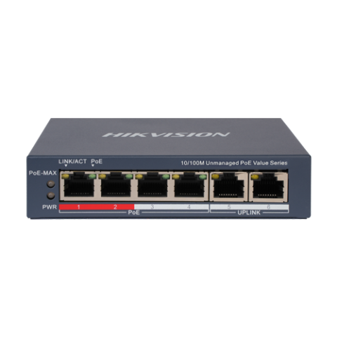 Retelistica - Switch 4 x RJ45 10/100 Mbps PoE, 2 x RJ45 10/100 Mbps, Unmanaged - HIKVISION DS-3E0106P-E-M
