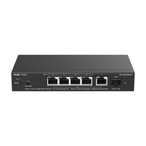 Retelistica - Switch 4 x RJ45 2.5G PoE, 1 x SFP+ 10G, 1 x RJ45 2.5G, Cloud Management - Ruijie Reyee RG-ES206MG-P