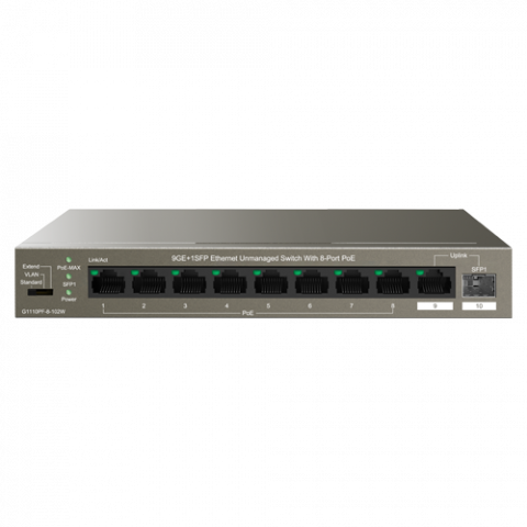 Retelistica - Switch 8 porturi Gigabit PoE, 1 x RJ45 Gigabit Uplink, 1 x SFP Gigabit Uplink - IP-COM G1110PF-8-102W