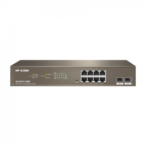 Retelistica - Switch 8 porturi PoE Gigabit, 2 porturi SFP Gigabit, Cloud Management - IP-COM G3310P-8-150W