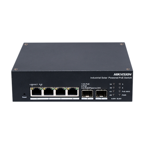 Retelistica - Switch industrial 4 x 1G PoE, 2 x SFP 1G, RS485, Alimentare prin panou solar, Management - HIKVISION DS-3T1506HP-EI-UPS