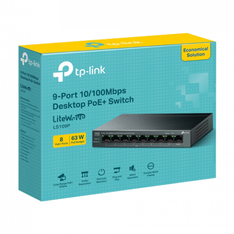 Switch LiteWave, 8 x RJ45 10/100 Mbps PoE, 1 x RJ45 10/100 Mbps, Buget PoE 63W, Unmanaged - TP-Link LS109P [2]