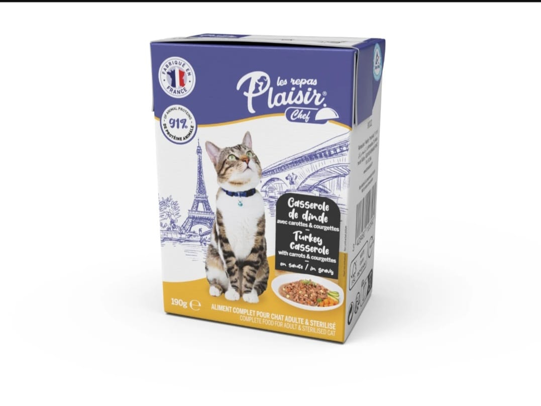 Hrana umeda pentru pisici adulte&sterilizate Plaisir - curcan, morcov si dovlecei 190g [1]