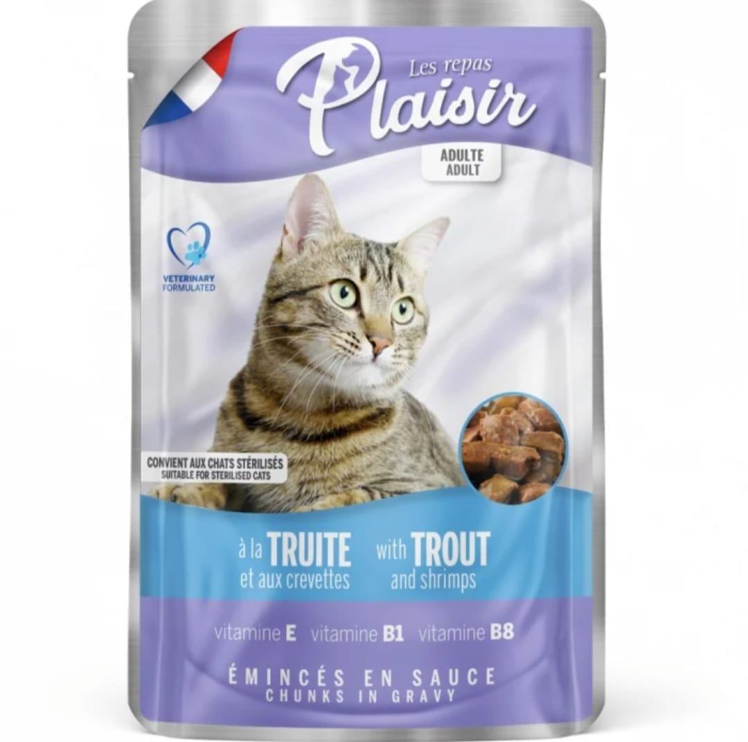 Hrana umeda pentru pisici adulte&sterilizate  Plaisir - pastrav&creveti 100g [1]